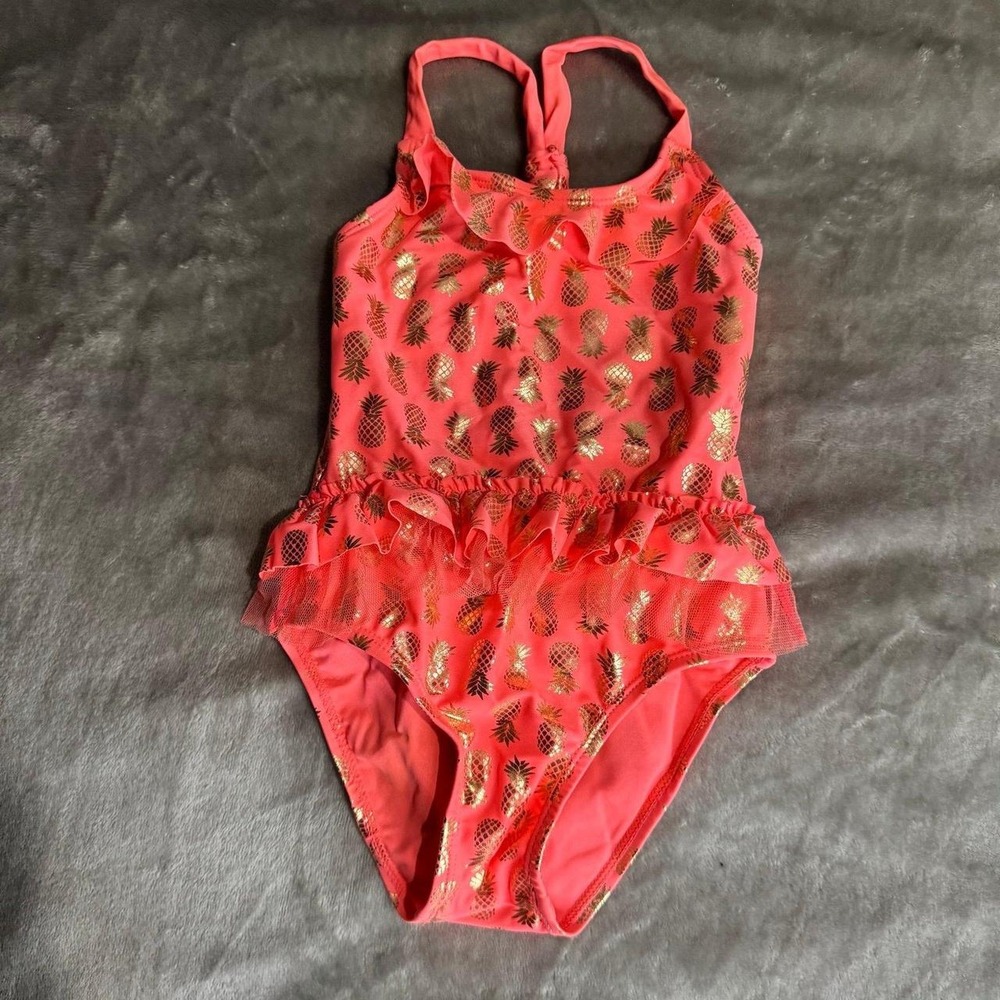Real Love girls size 3T one piece swim suit coral gold pineapples ruffles